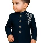 Baby Boy Sherwani Set Navy Blue Embroidered Jacket with White Cotton Pant