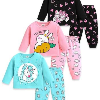 Girls Regular Fit Cotton T-Shirts and Pyjamas Clothing Set-Pack of 3